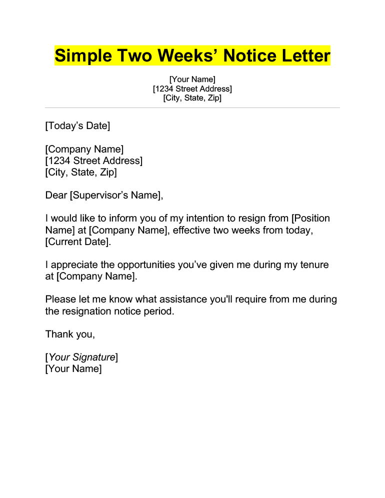 Two Weeks Notice Resignation Letter Template