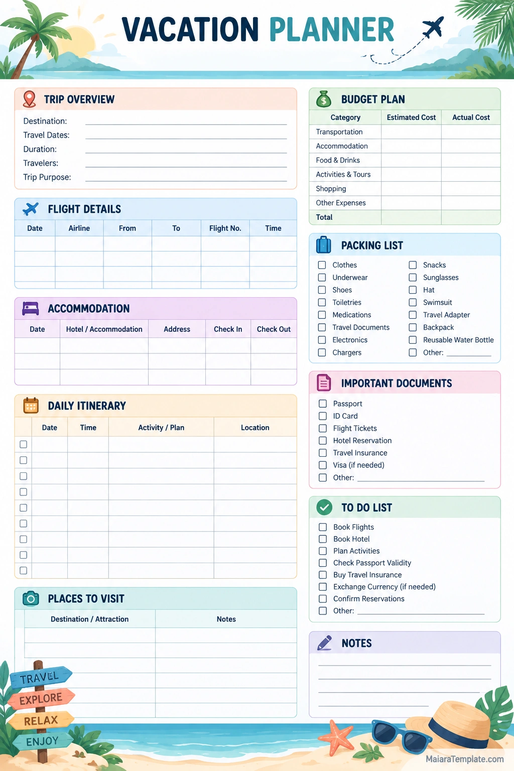 Vacation Planner Template Printable vacation planner template with sections for trip details, flights, accommodation, itinerary, budget, packing list, documents, and travel tasks