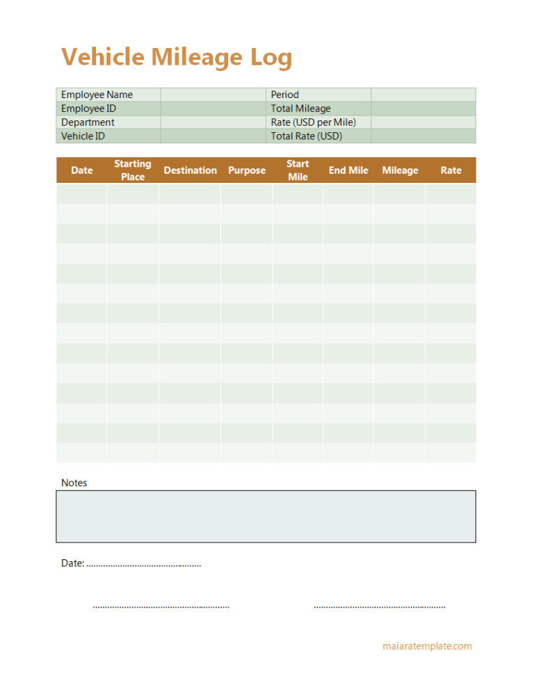 Printable Vehicle Mileage Log Template