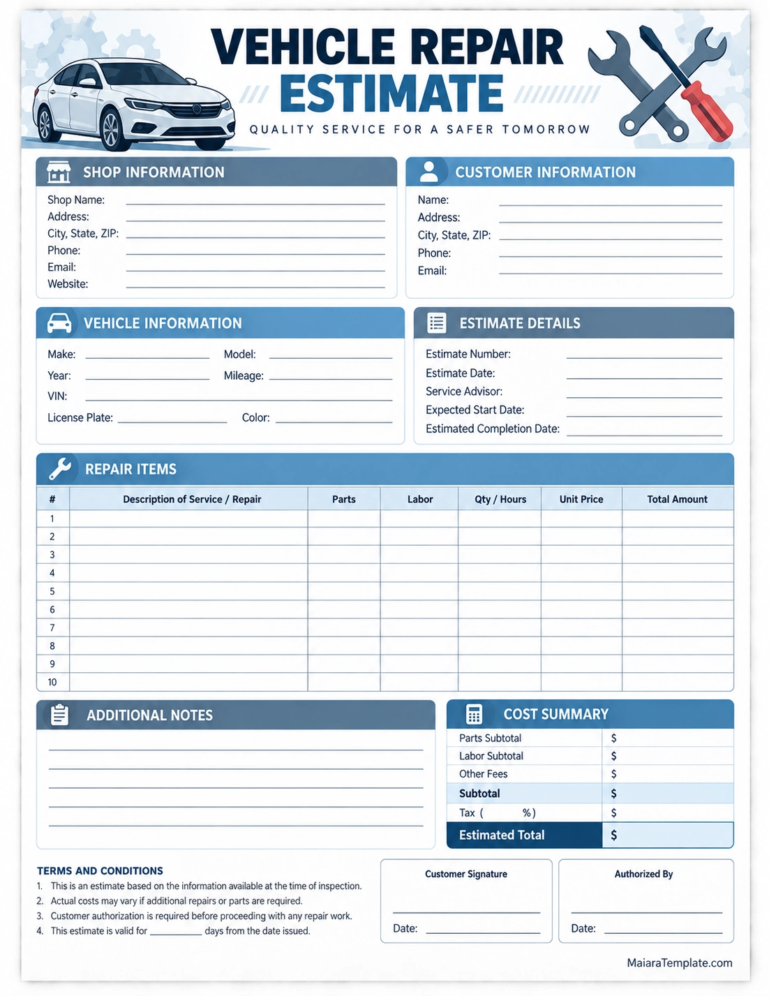 Vehicle Repair Estimate Template Printable vehicle repair estimate template with parts, labor fees, repair details, and cost summary