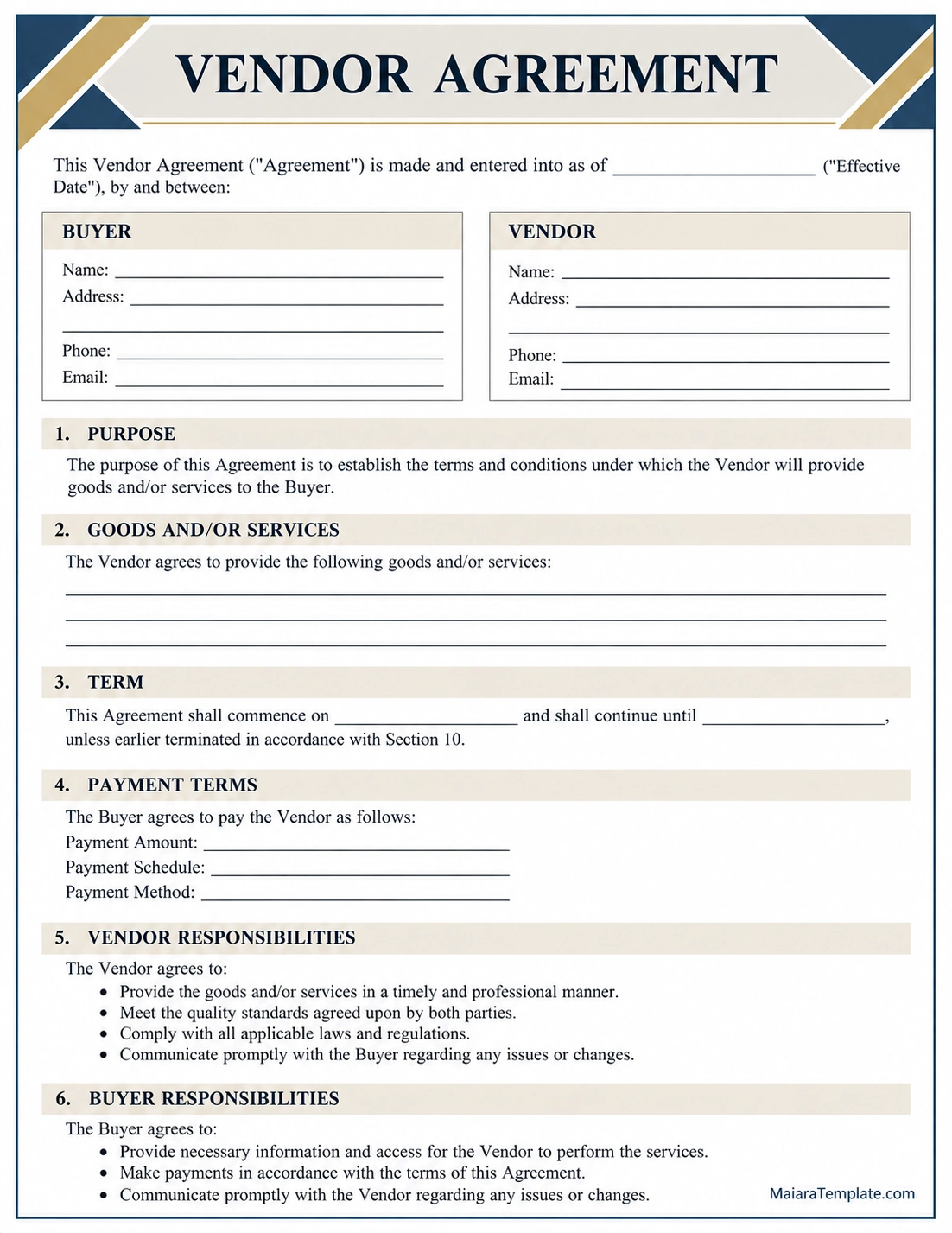 Vendor Agreement Template Professional vendor agreement template with buyer and vendor information, payment terms, responsibilities, and contract sections