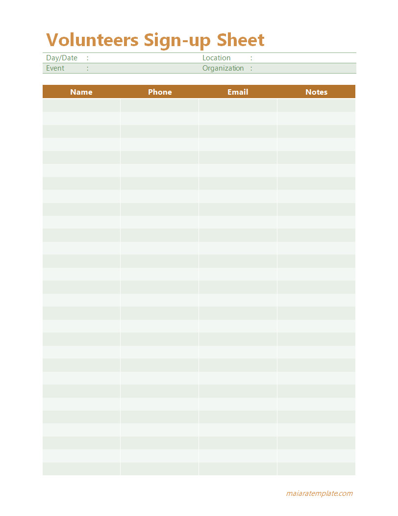 Volunteer Sign-up Sheet Template Simple volunteer sign-up sheet template featuring a clean layout with sections for volunteer names, contact information, and preferred tasks.