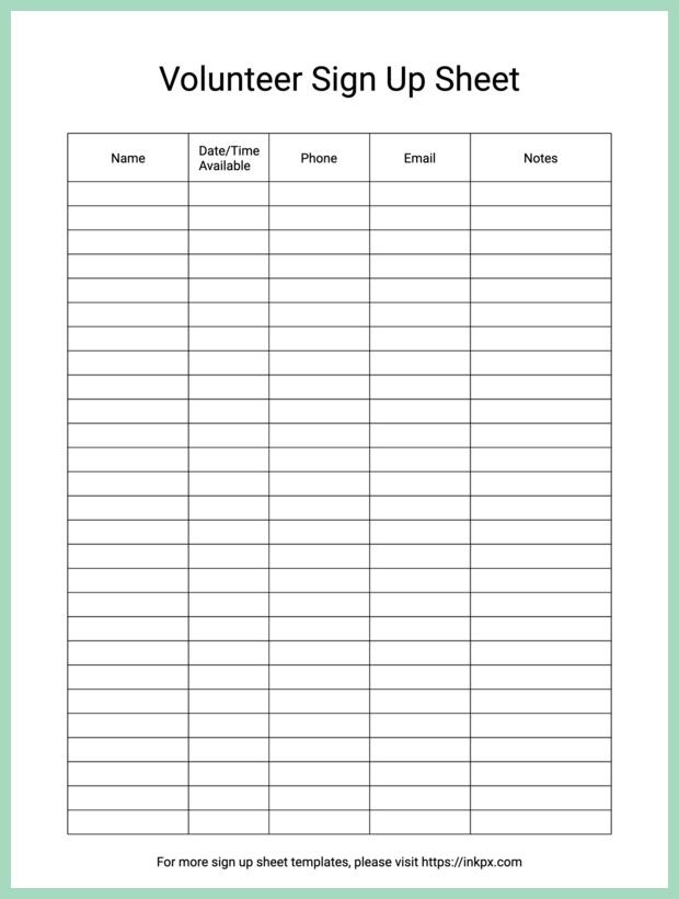 Volunteers Sign-up Sheet Template Sample Volunteers Sign-up Sheet Template Sample