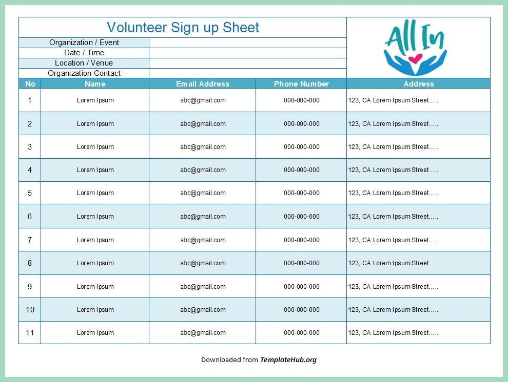 Volunteers Sign-up Sheet Template Volunteers Sign-up Sheet Template