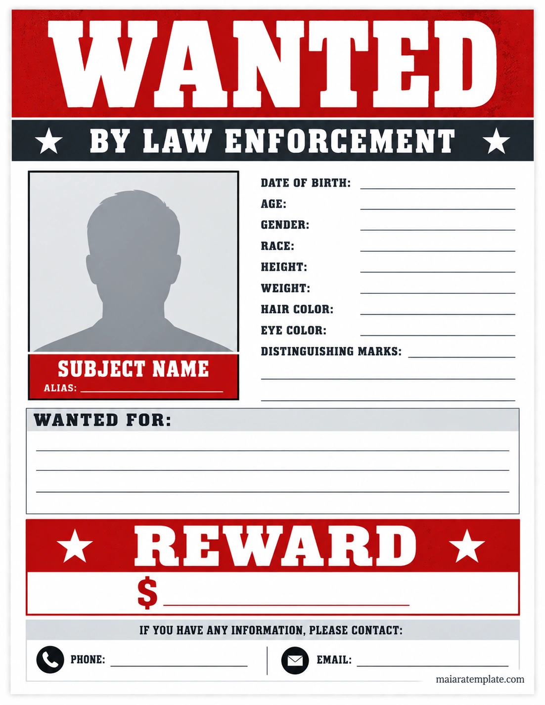 Wanted Poster Template Printable Wanted Poster Template with subject details, wanted information, reward, and contact fields