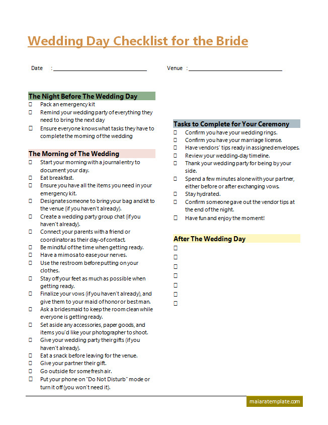 Wedding Day Checklist for The Bride Editable Wedding Day Checklist for The Bride with Fields for Personal Reminders and Last-Minute Details