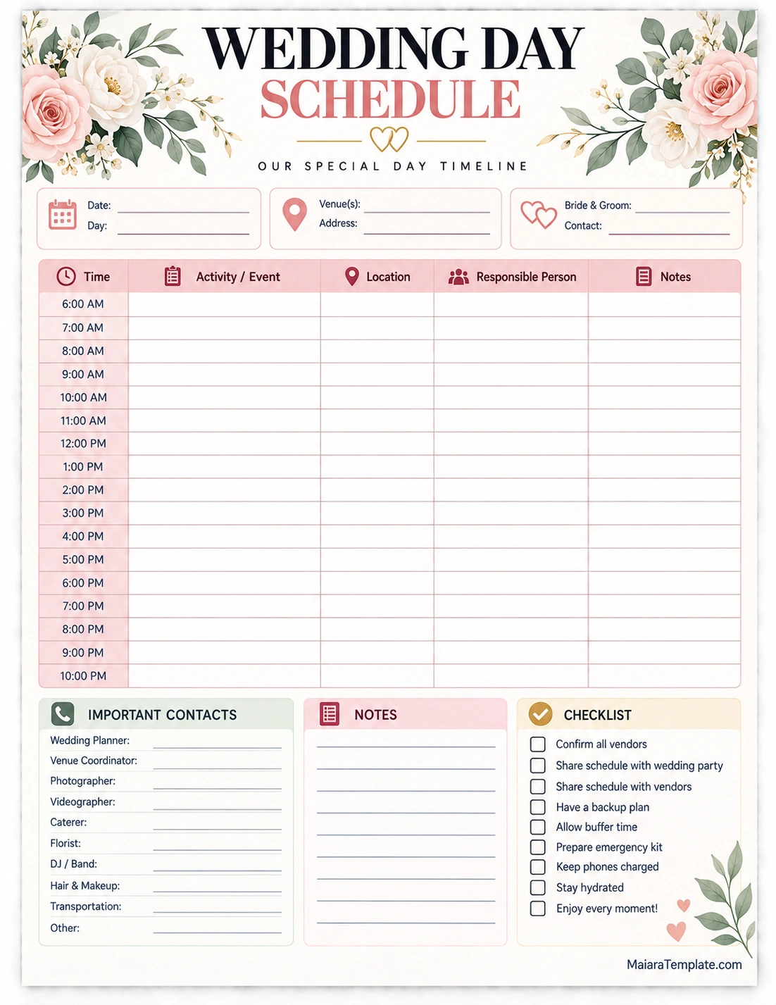 Printable wedding day schedule template with hourly timeline, vendor contacts, notes, and wedding checklist