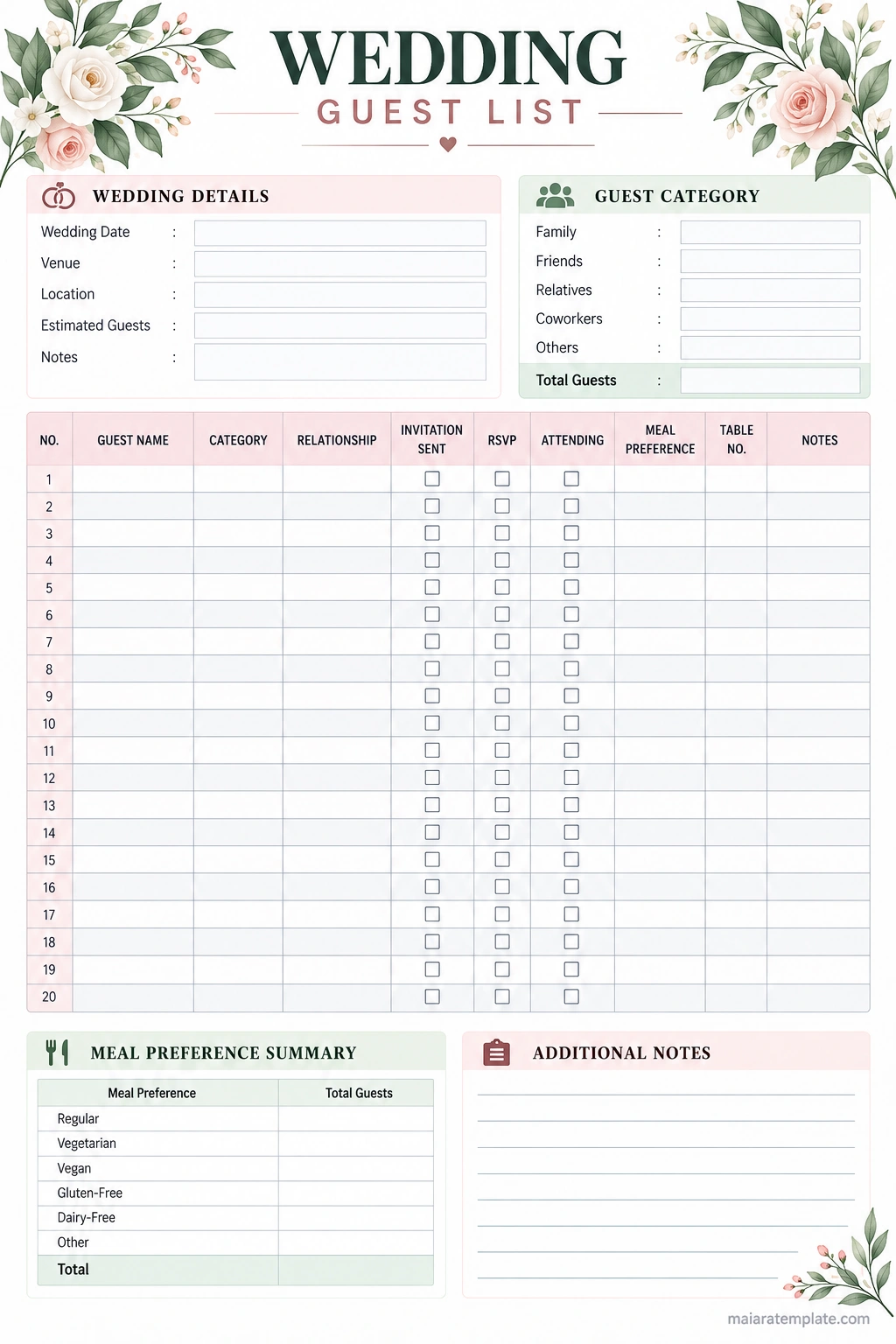 Printable wedding guest list template with guest names, RSVP, meal preferences, table numbers, and attendance tracking