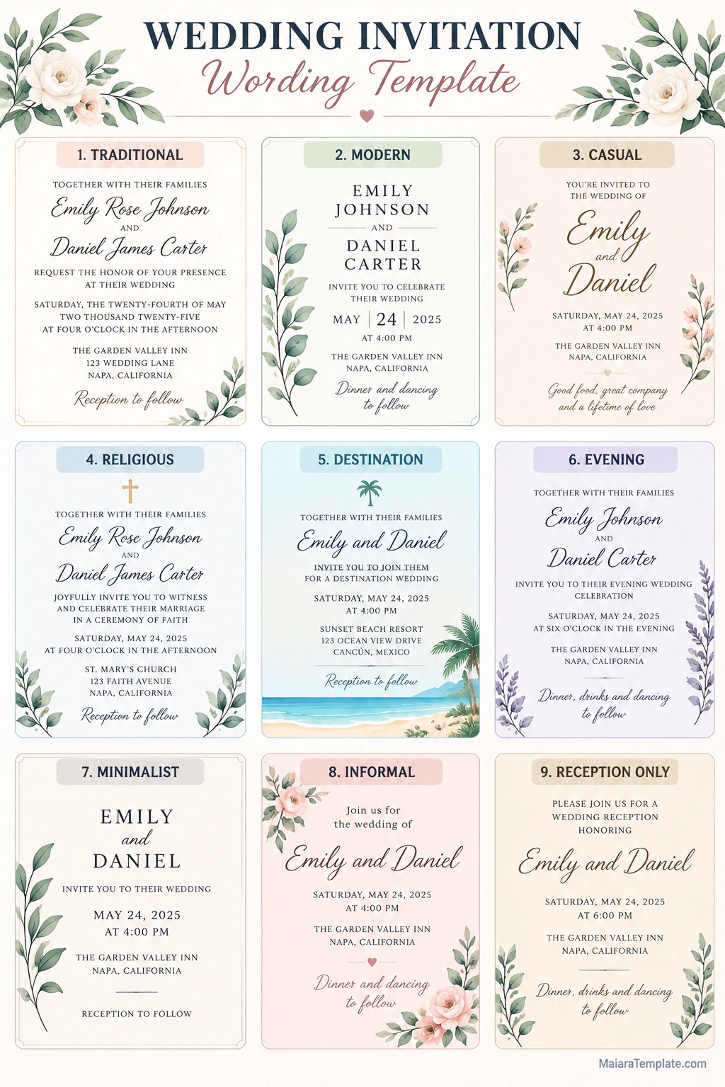 Wedding Invitation Wording Template Wedding invitation wording template with traditional, modern, casual, religious, destination, evening, minimalist, informal, and reception wording examples