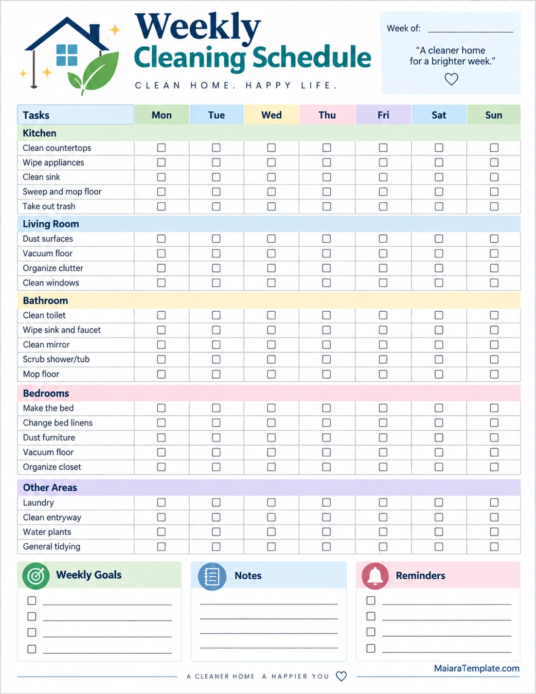 Weekly Cleaning Schedule Template for organizing household chores