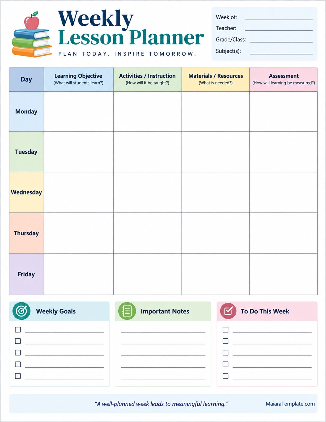 Weekly lesson planner template for organizing teaching objectives and classroom activities