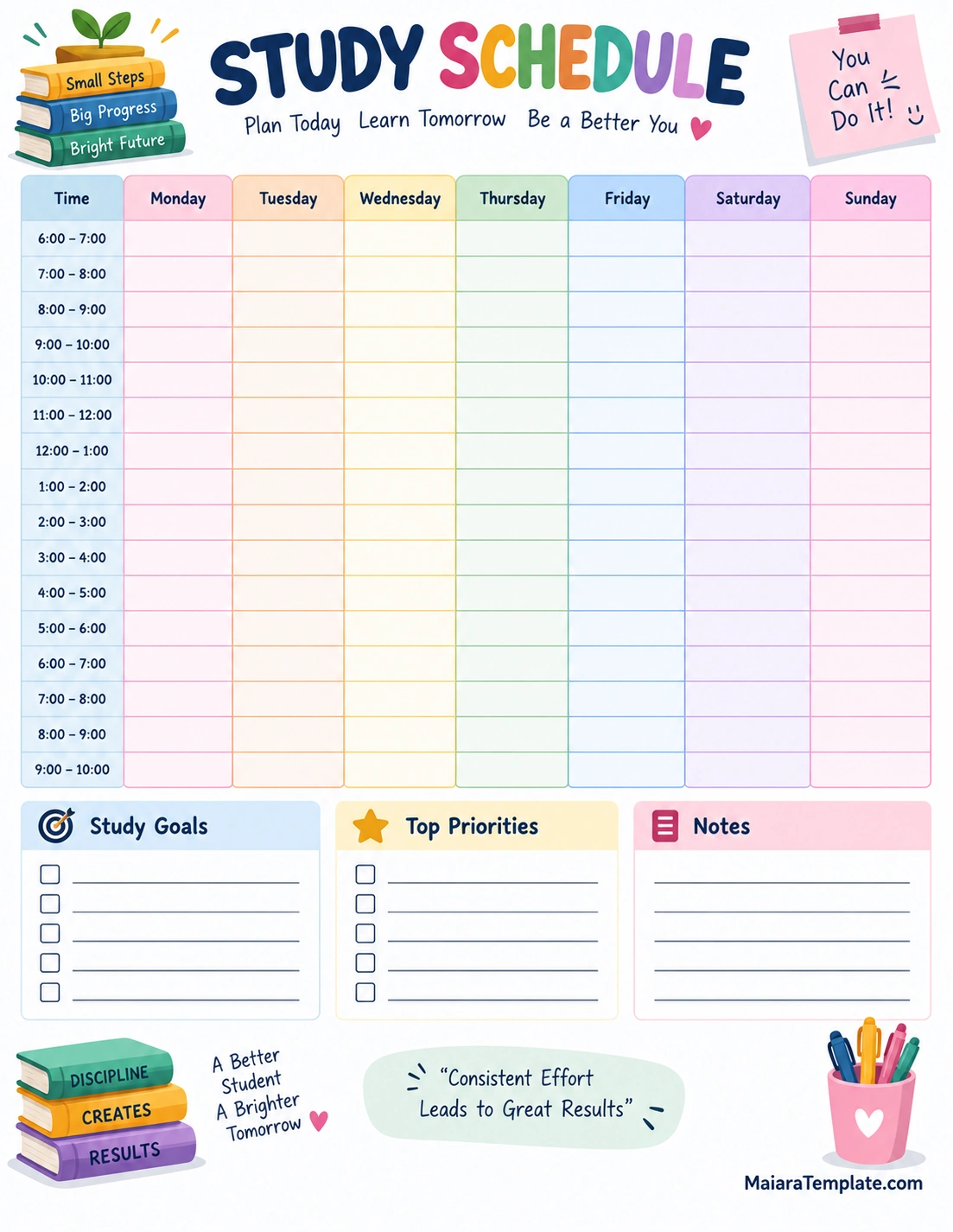 Weekly Study Schedule Planner Template printable study schedule template with weekly time blocks, study goals, priorities, and notes
