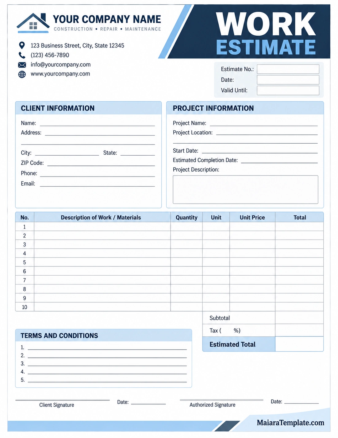 Work Estimate Template Work Estimate Template showing client information, project details, work and materials, estimated costs, terms, and signatures