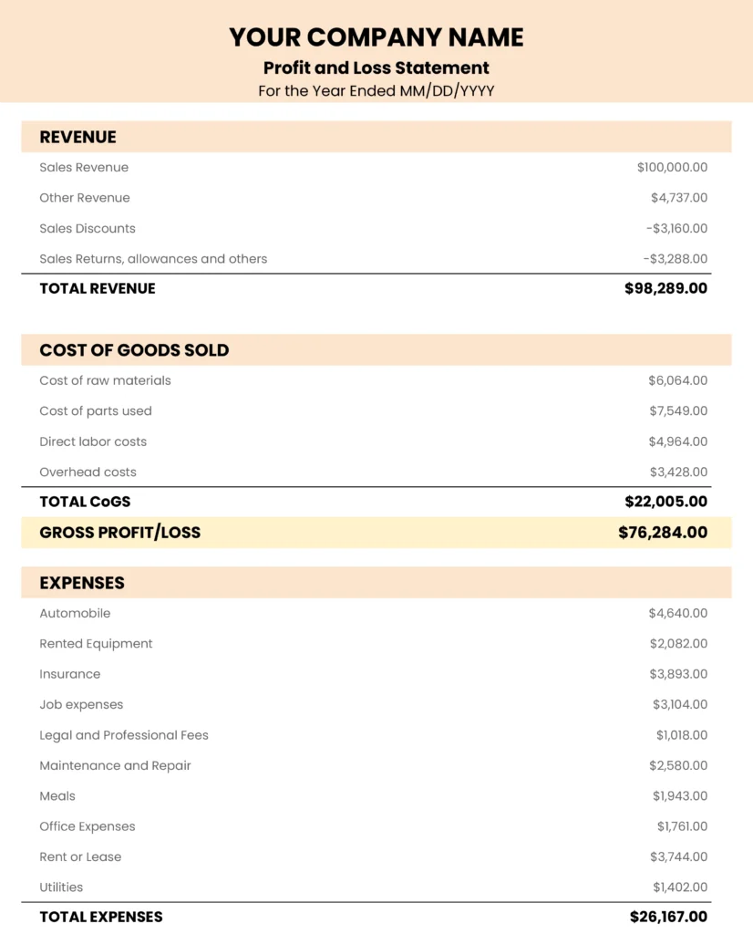 Year-to-date Profit And Loss Statement Template Example