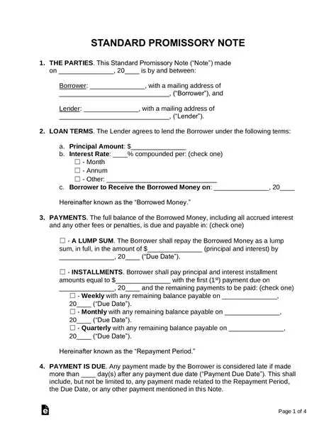 blank promissory note template