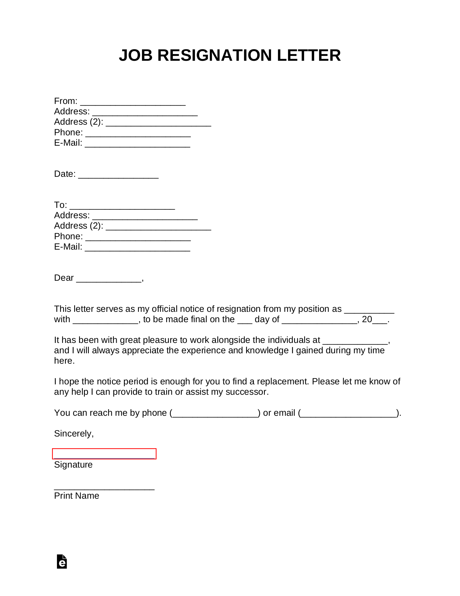 blank resignation letter template word