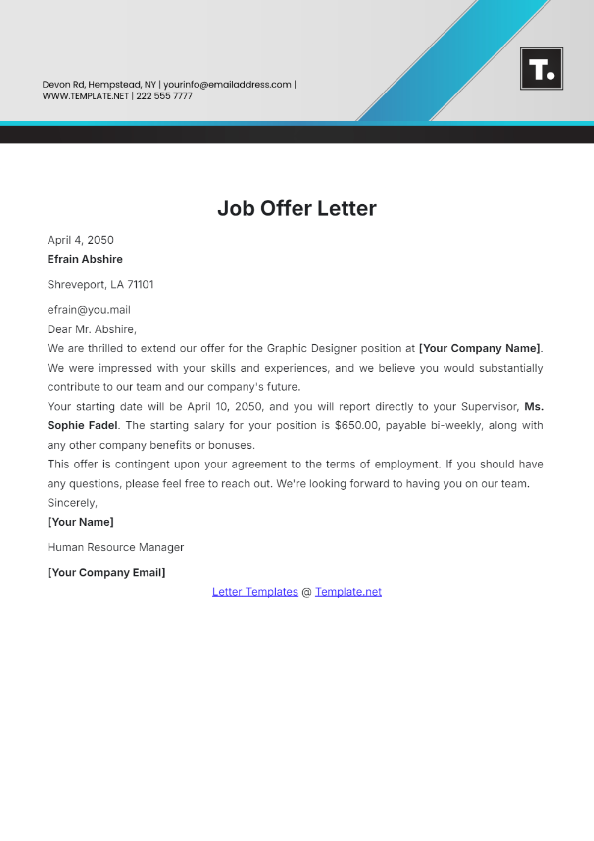 employment job offer letter template