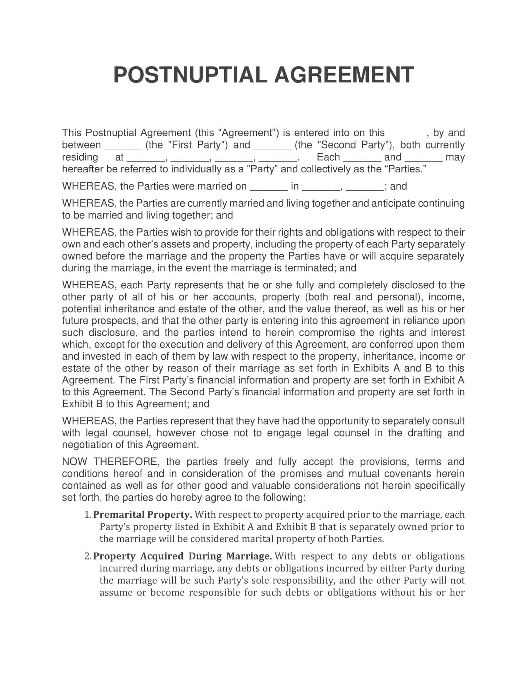 example of post nuptial agreement
