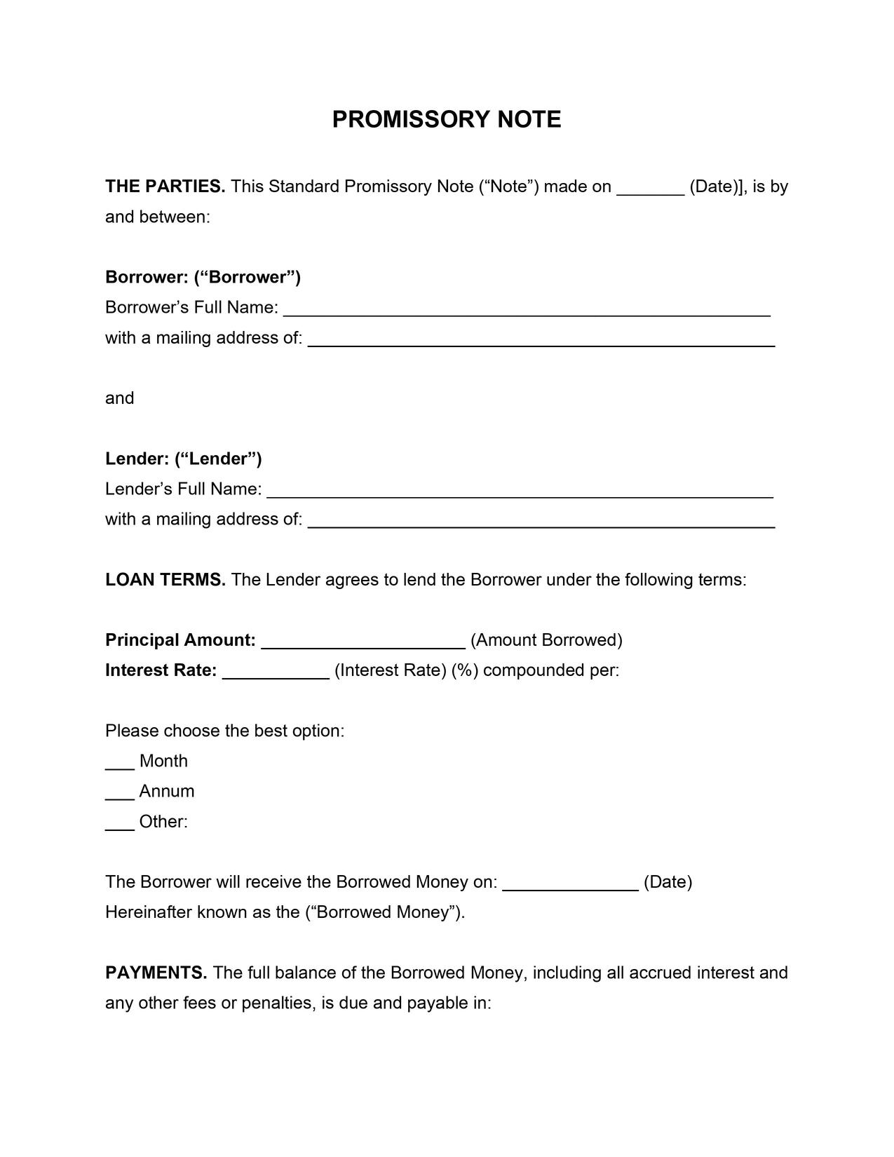 free blank promissory notes printable