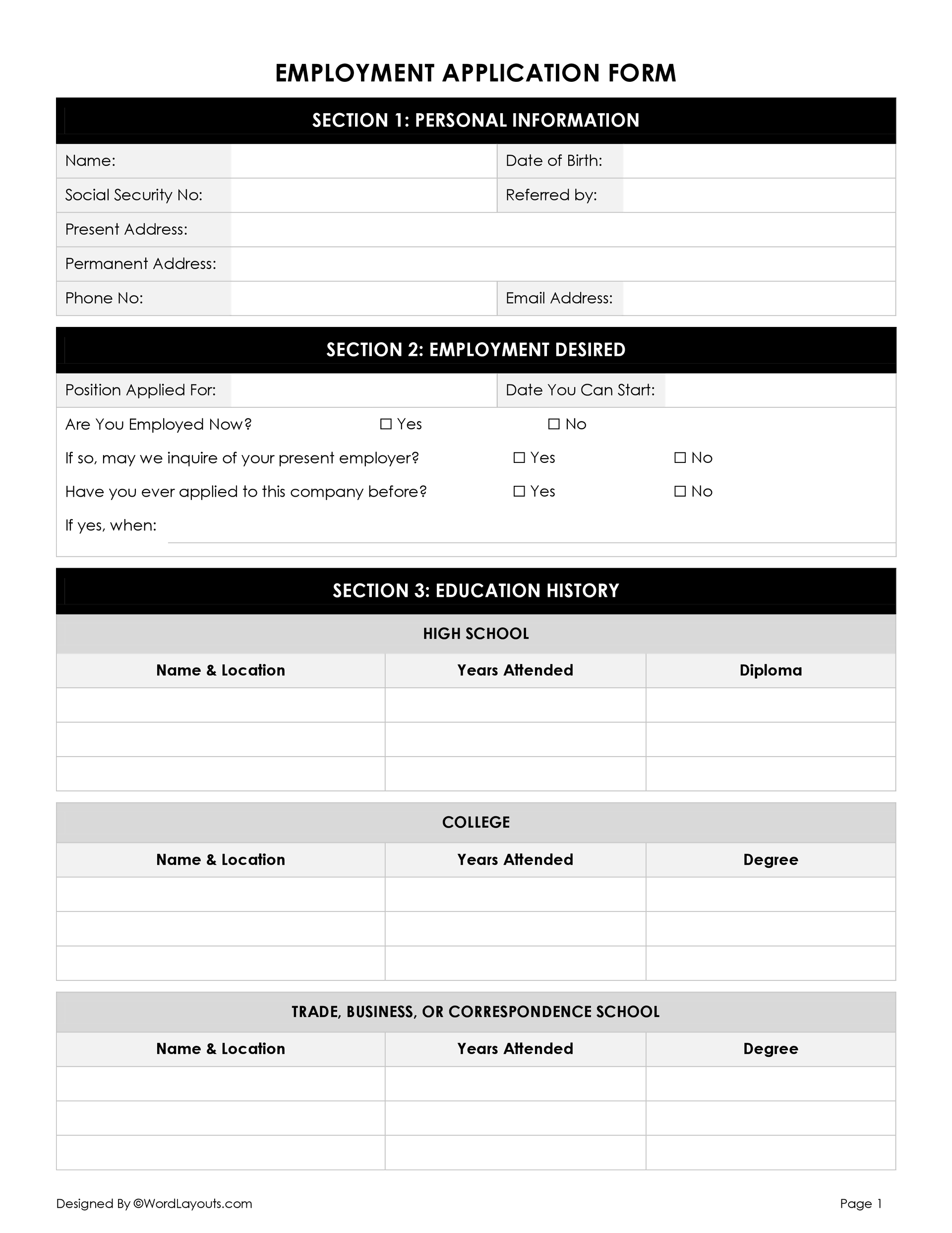 free employment application template word free employment application template word