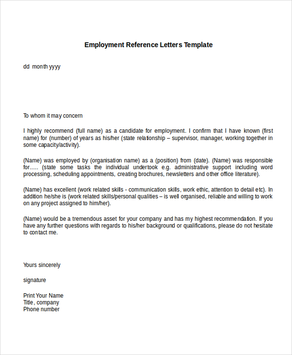 free job reference letter template