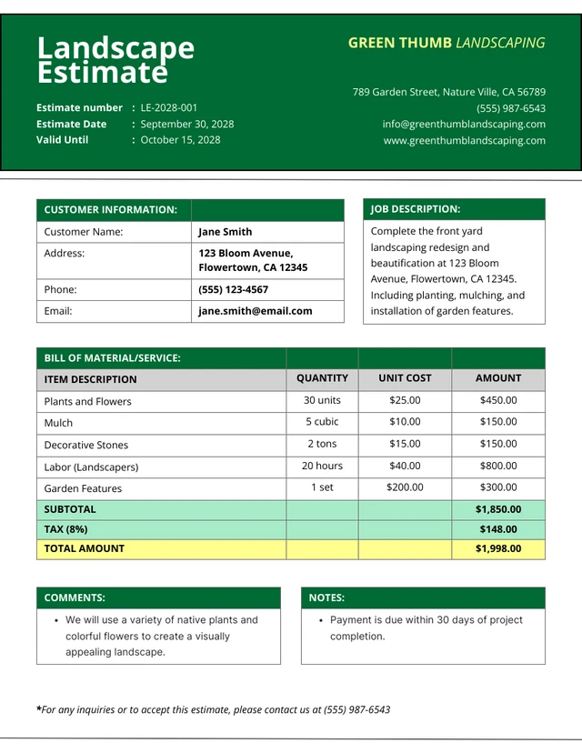free landscape estimate template free landscape estimate template