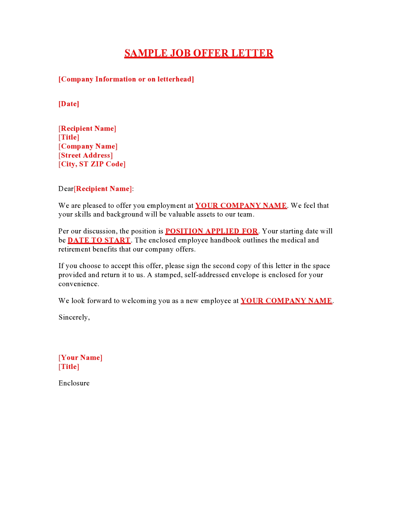 free printable job offer letters