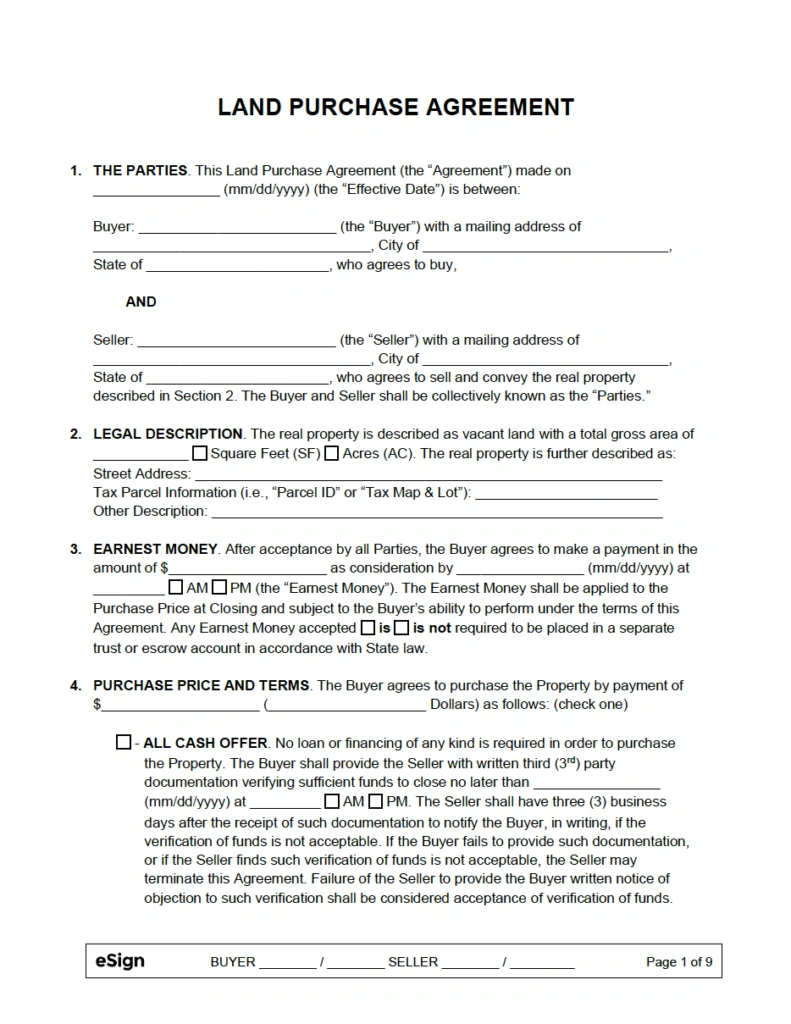 free printable land contract template