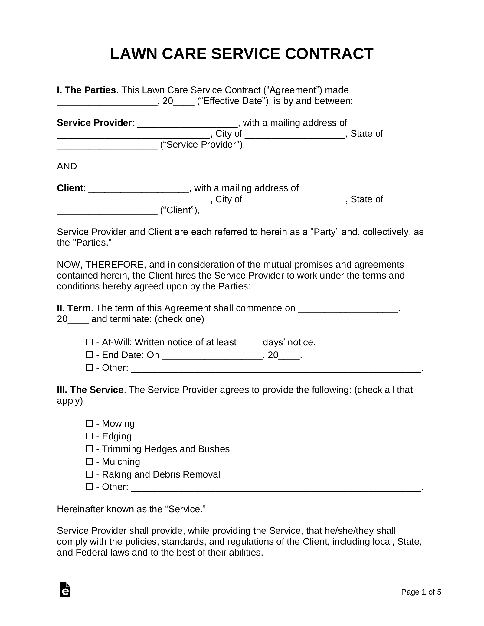 free printable lawn service contract