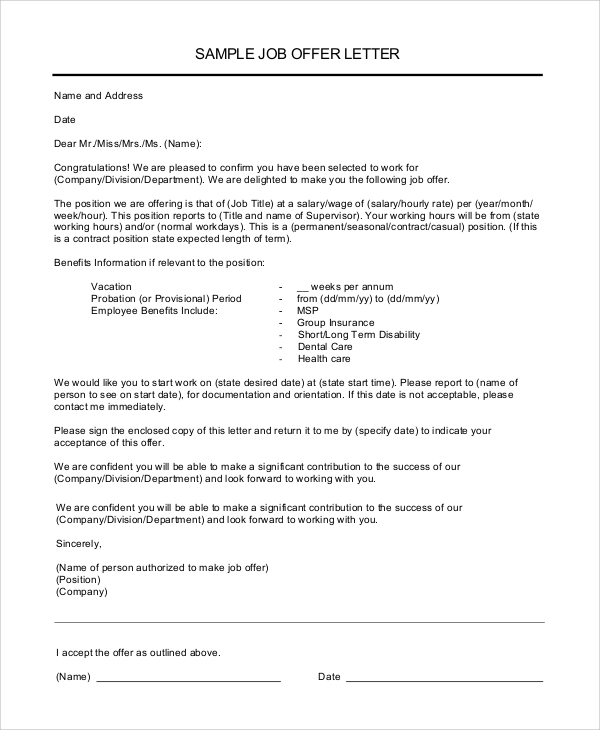 free printable offer letter template