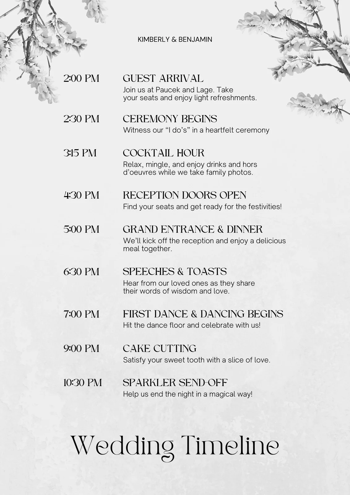free printable wedding reception timeline