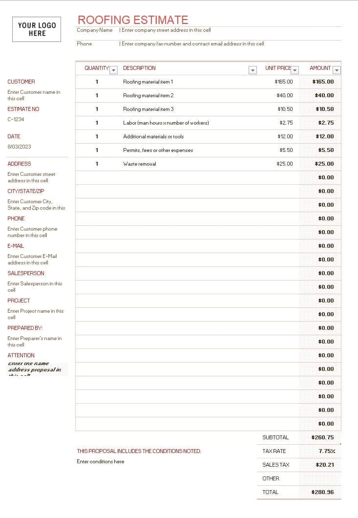 free roofing estimate template word free roofing estimate template word