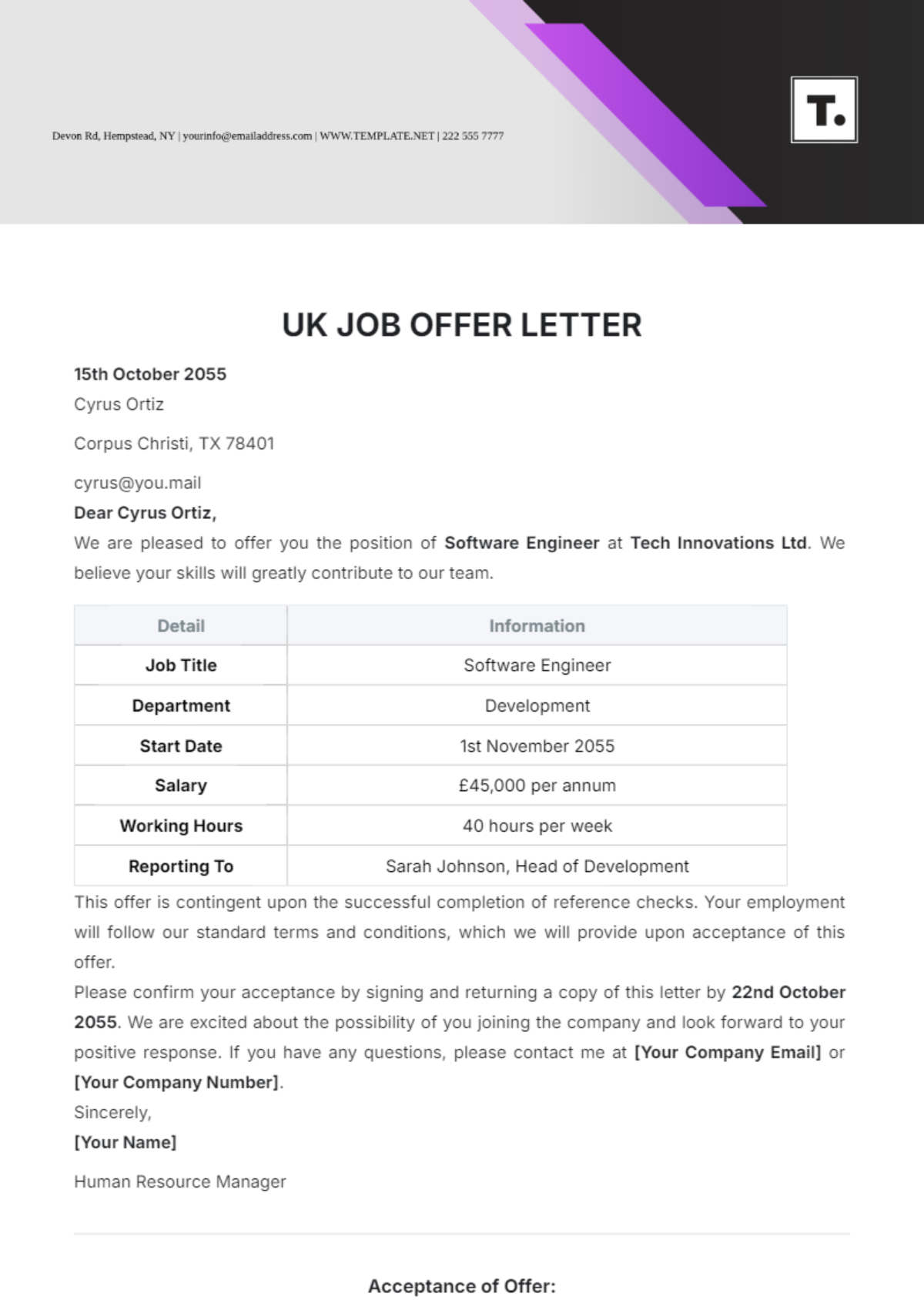 job offer letter format word