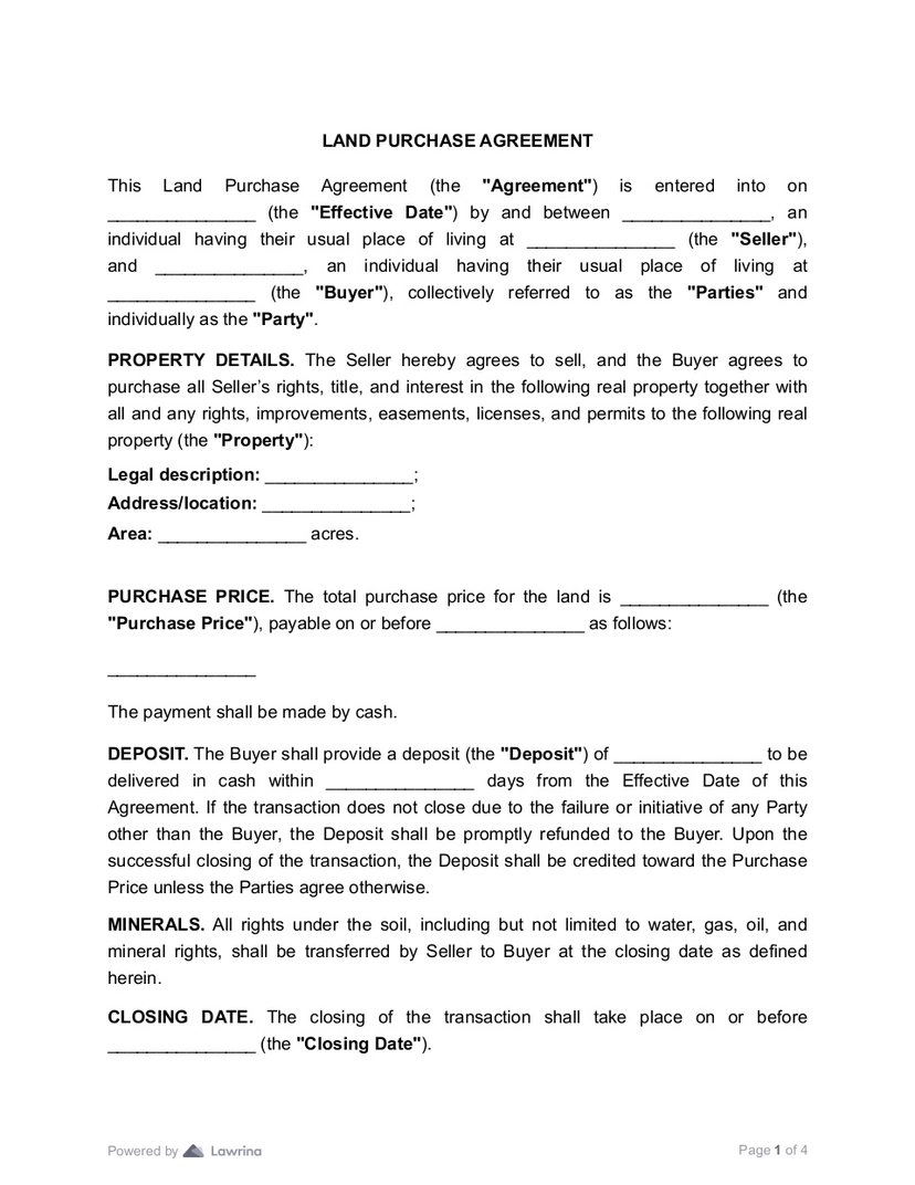 land purchase agreement sample