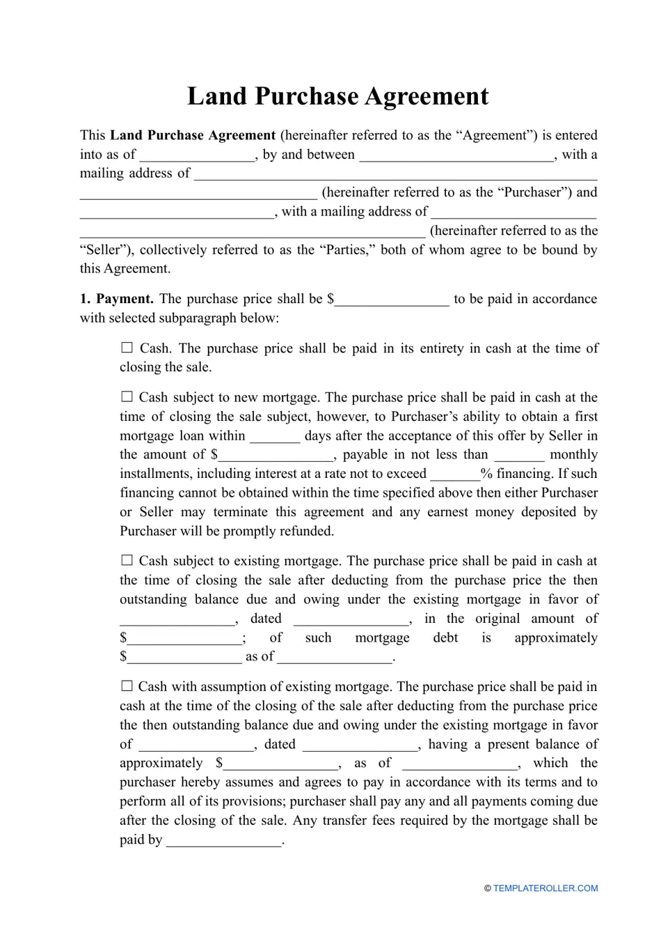 land purchase agreement template word