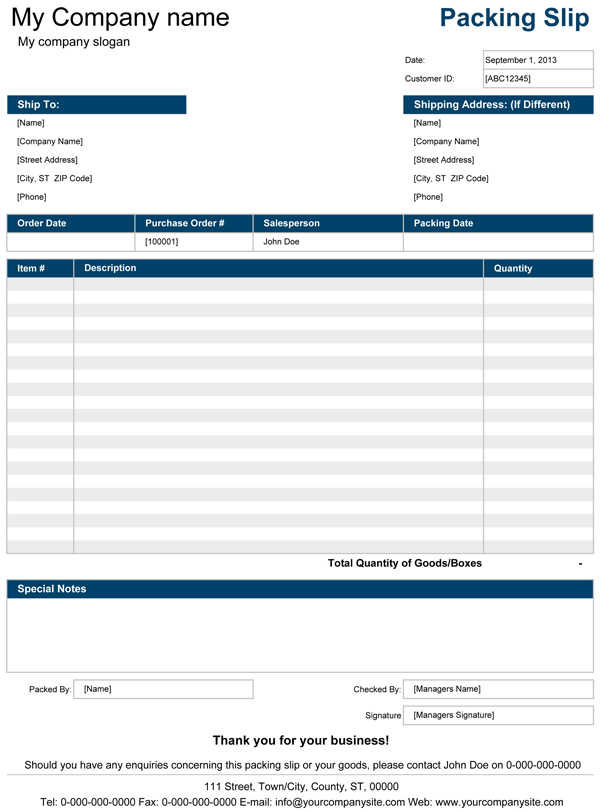 packing slip template excel