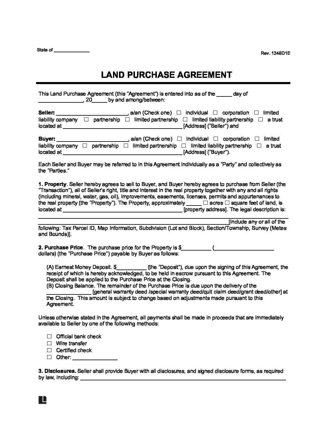 printable blank land purchase agreement