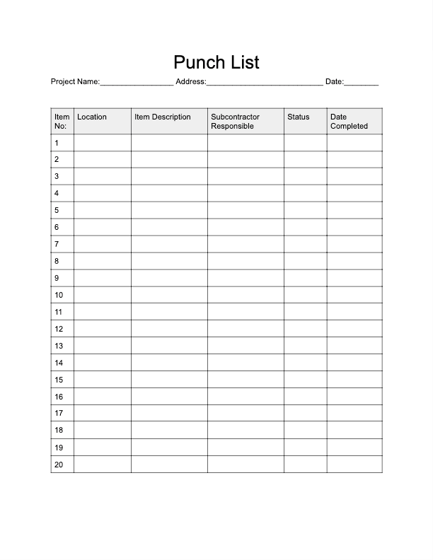 punch list template free download punch list template free download