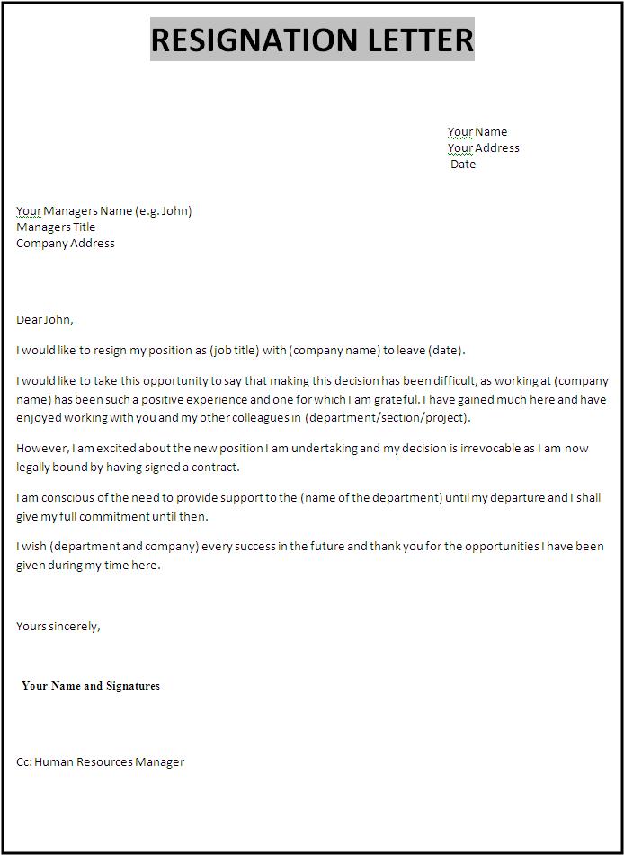 resignation letter sample in word