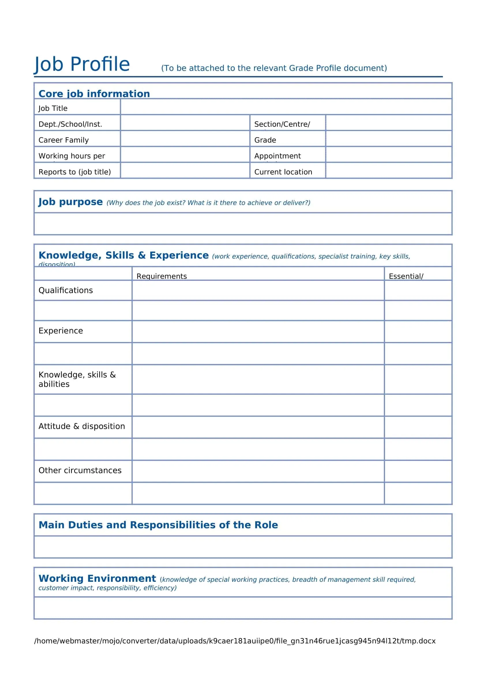 role profile template word role profile template word