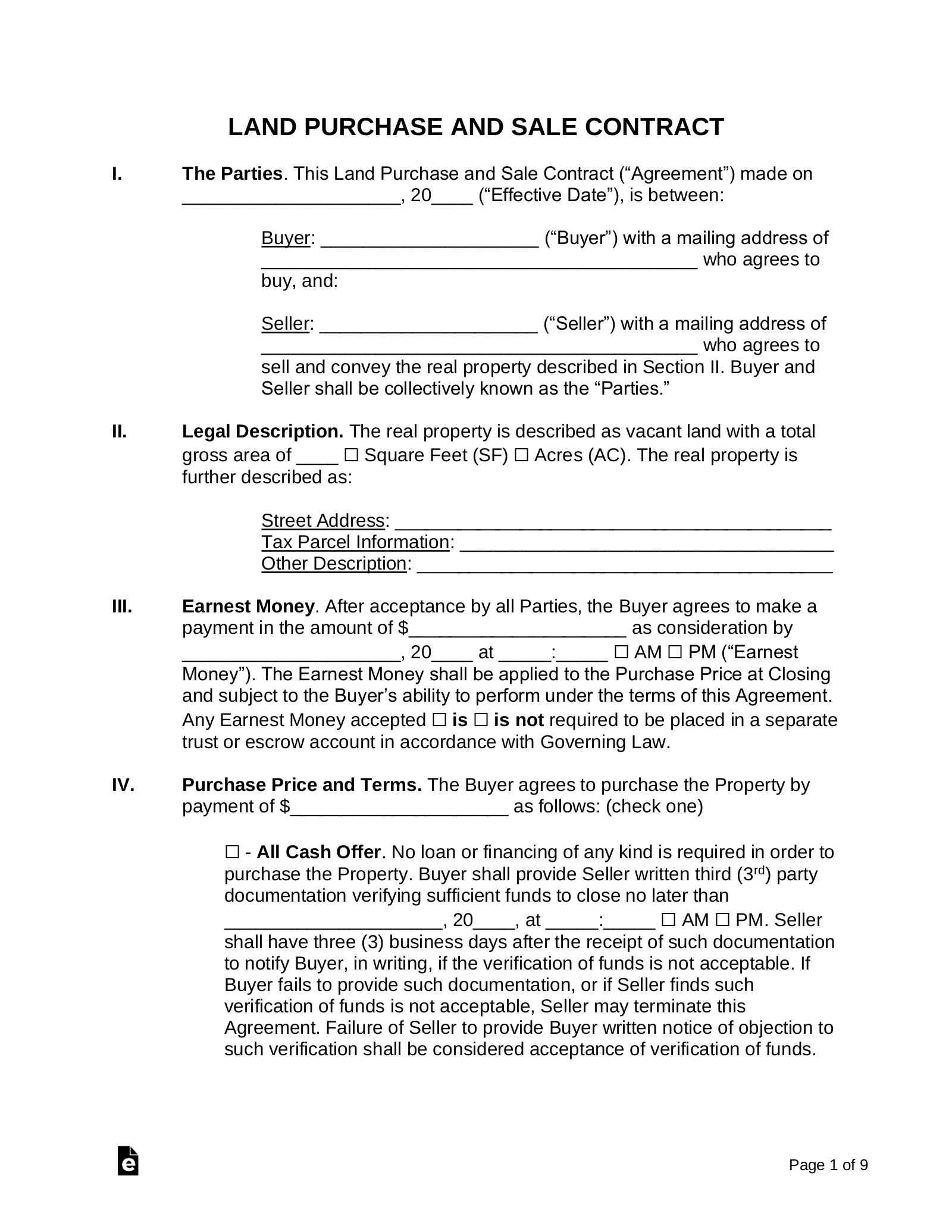 simple land purchase agreement template