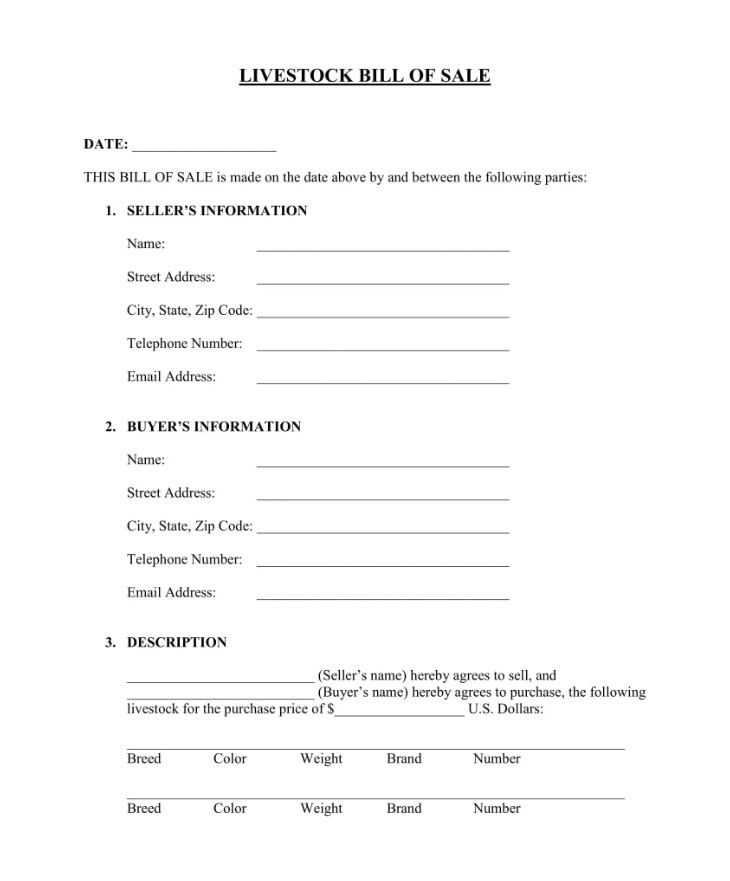 simple livestock bill of sale template