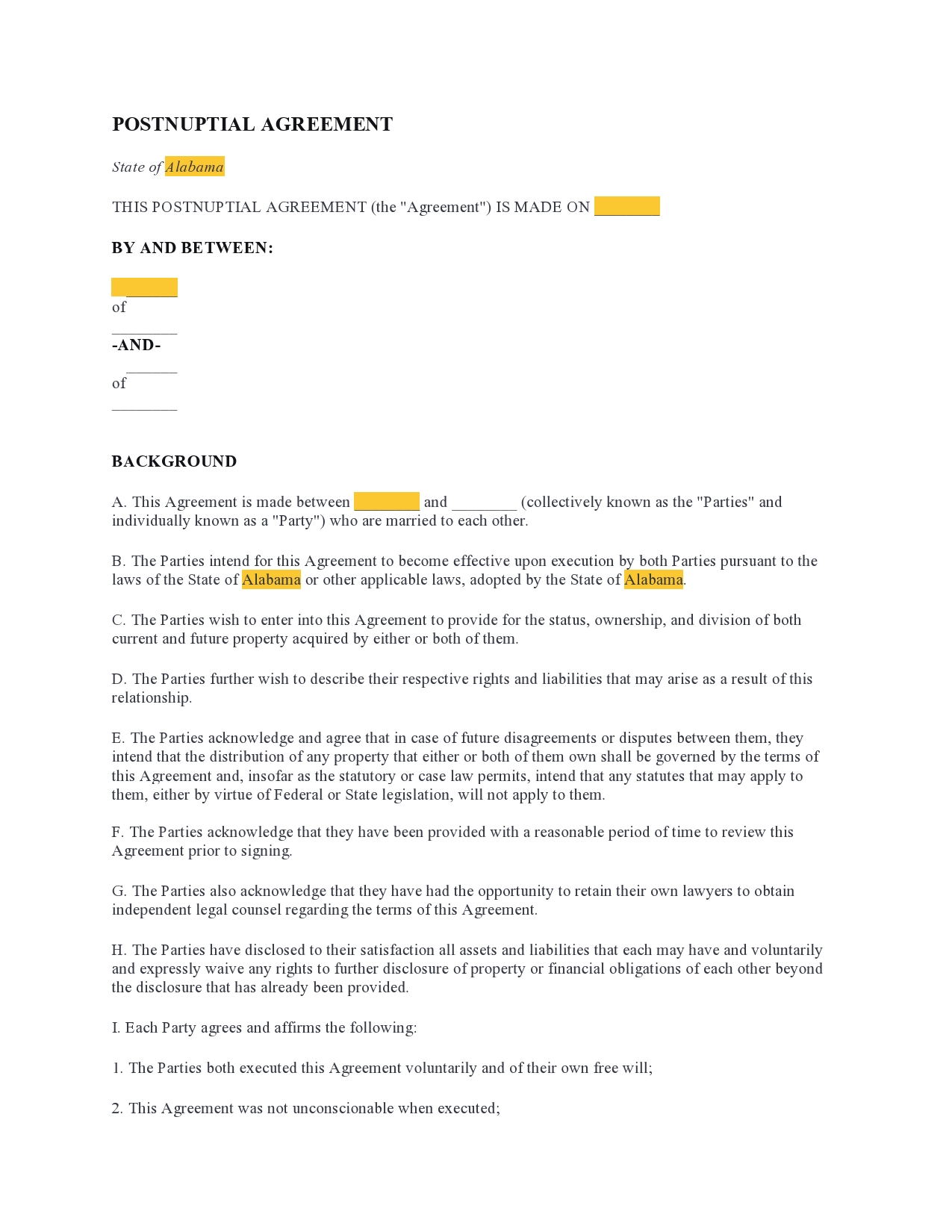 simple postnuptial agreement form