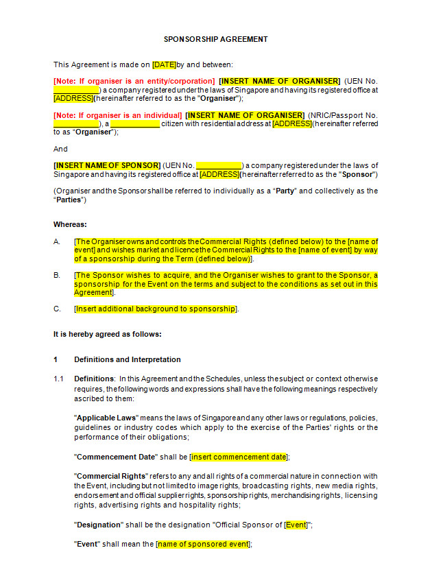 sponsorship agreement template sponsorship agreement template
